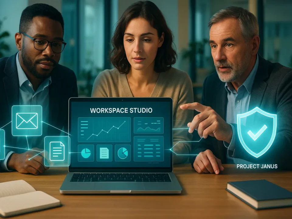 Google Workspace Studio : hub pour créer et sécuriser des agents IA métiers. Couverture : interface holographique Workspace Studio montrant des agents IA accédant à e‑mails, documents et calendrier, avec un bouclier « Project Janus » pour la sécurité.