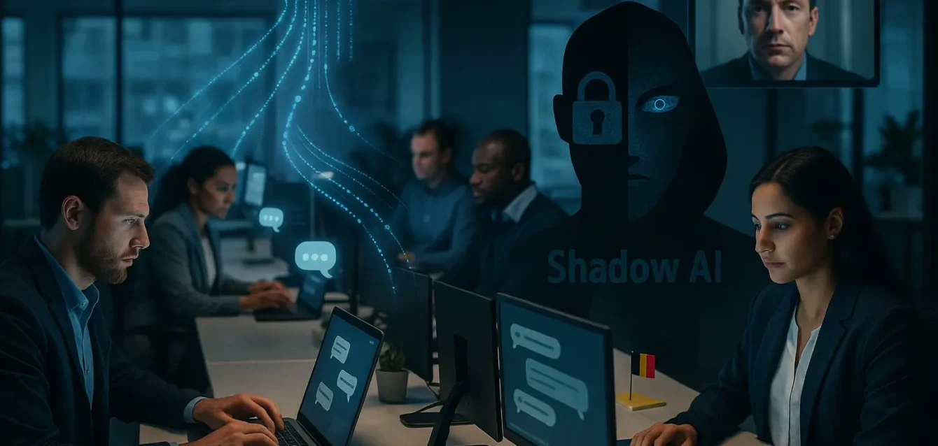 DGSI : alerte sur les risques de l’utilisation non encadrée de l’IA en entreprise Bureau moderne avec employés utilisant des chatbots, flux de données vers le cloud et silhouette sombre symbolisant la menace de l’IA