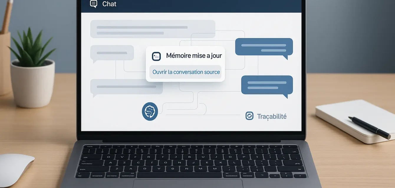 Mémoire traçable de ChatGPT : sources cliquables pour plus de transparence. Interface ChatGPT avec notification "Mémoire mise à jour" et lien cliquable vers la conversation source