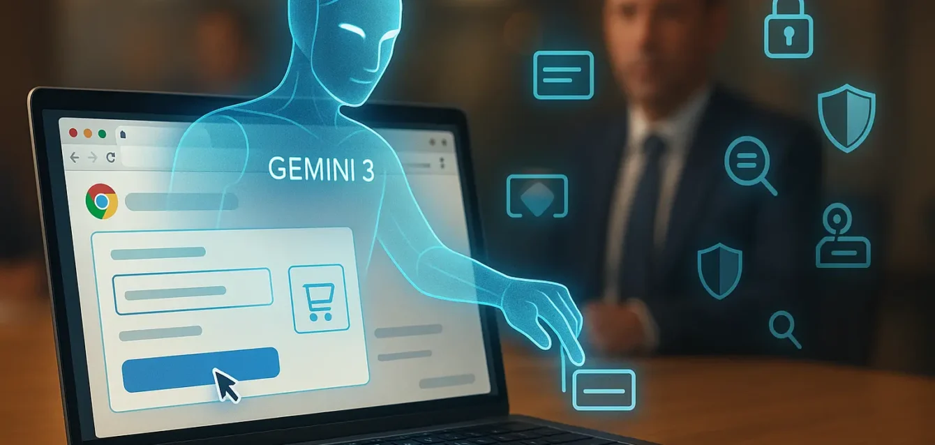 Couverture : navigateur Chrome contrôlé par l'IA Gemini 3 effectuant des tâches en ligne