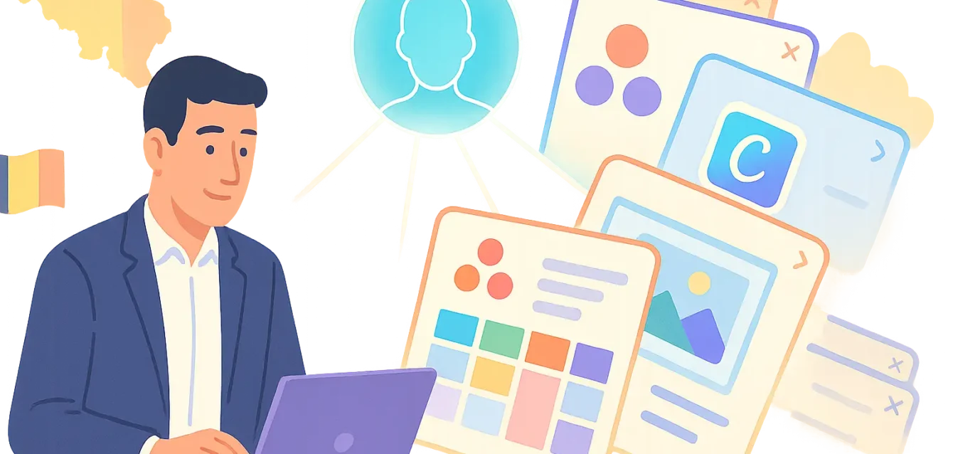 Illustration vectorielle d’une IA (Claude) connectant Slack, Asana, Canva et Figma pour automatiser les workflows et réduire les onglets du navigateur.