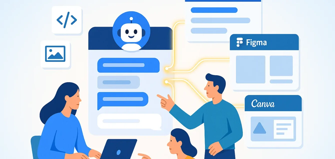 Interface illustrée de Claude connectée à Slack, Figma et Canva, assistant IA orchestrant la collaboration