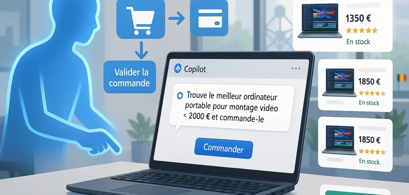 Interface conversationnelle Copilot finalisant un achat pour B2B et B2C sur un écran d'ordinateur en contexte professionnel belge