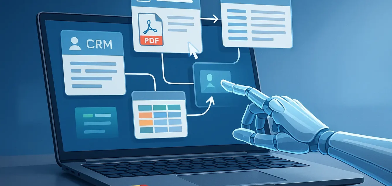 Cowork d'Anthropic : un agent IA qui clique, classe et automatise les tâches administratives. Ordinateur contrôlé par une main robotique cliquant sur l'écran, icônes de factures, CRM et emails en arrière-plan