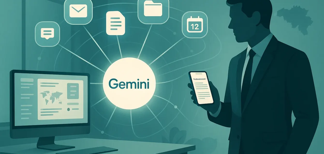 Gemini Personal Intelligence : une IA qui centralise vos applications et automatise vos tâches. Couverture : assistant IA « Gemini » connecté à Gmail, Drive, Docs et CRM dans un espace de travail moderne