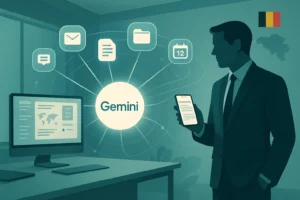 Couverture : assistant IA « Gemini » connecté à Gmail, Drive, Docs et CRM dans un espace de travail moderne