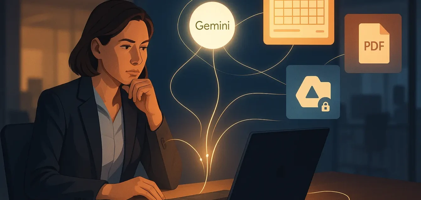 Gemini puise dans vos données pour personnaliser ses réponses : productivité contre confidentialité. Dirigeant face à un assistant IA connecté à ses emails, agenda et documents : dilemme entre productivité et confidentialité.
