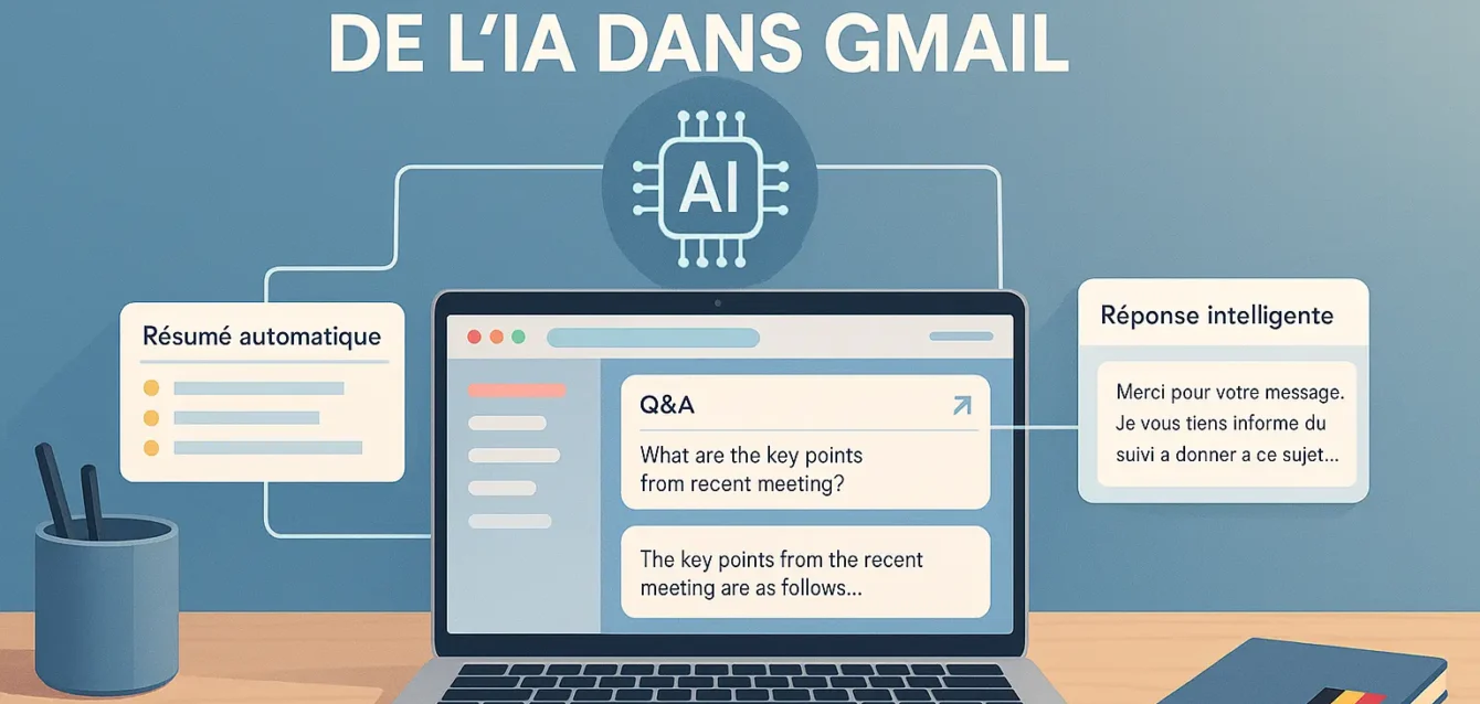 Gmail réinventé par l'IA : trois outils gratuits pour gagner du temps Bureau moderne avec écran montrant Gmail repensé par l'IA : résumé d'emails, fenêtre Q&A et réponses contextuelles