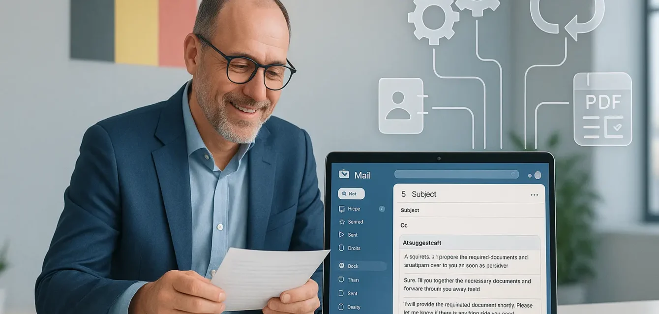 Google CC : un assistant IA intégré à la messagerie qui automatise la rédaction et les actions métier. Dirigeant relisant un brouillon d'email proposé par un assistant IA 'CC' sur un ordinateur portable, avec icônes d'automatisation en arrière-plan.