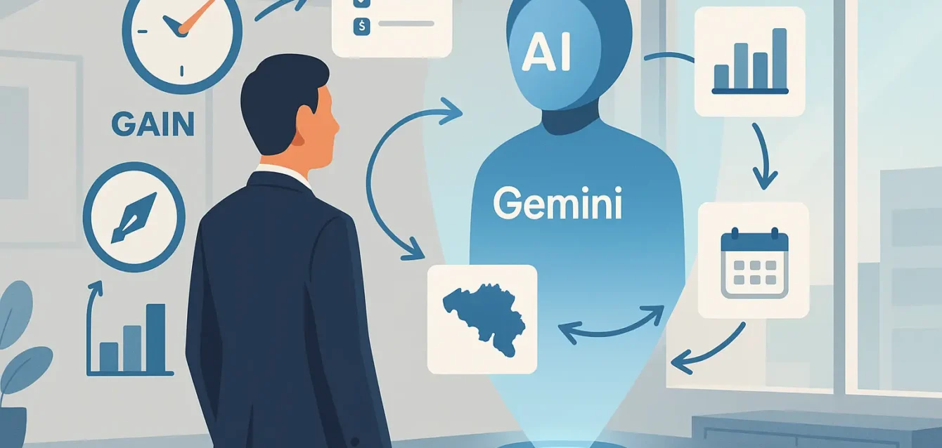 Google Gemini mémorise vos préférences et vous fait gagner un temps précieux Dirigeant interagissant avec un assistant virtuel Gemini mémorisant préférences et processus, symbole de gain de temps