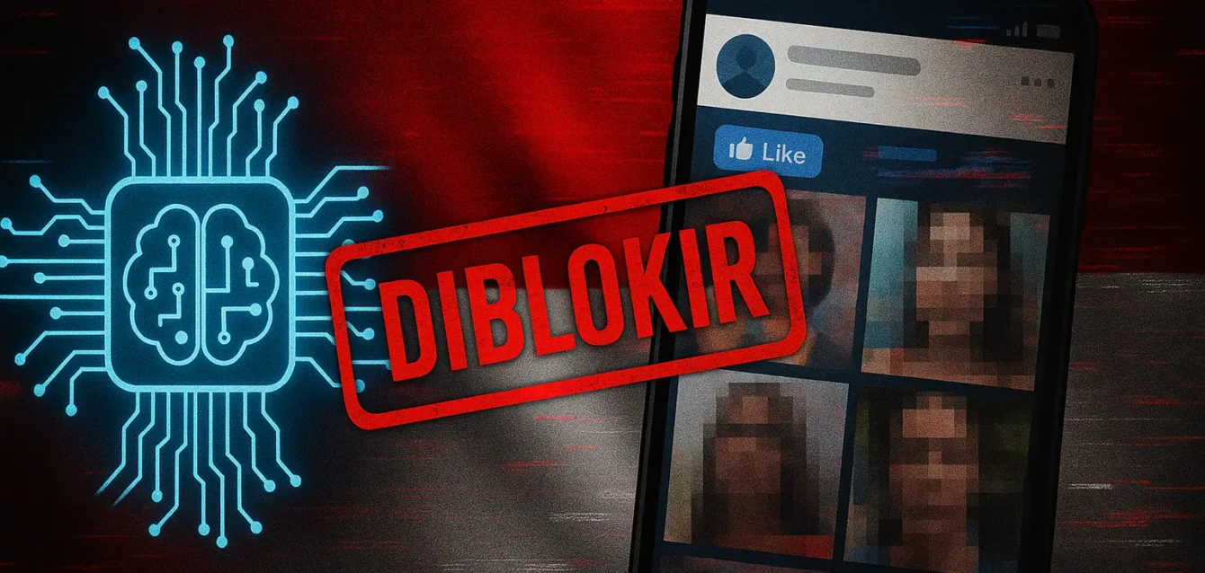 Grok suspendue en Indonésie après la diffusion de fausses images pornographiques générées par l'IA. Tampon 'SUSPENDU' sur interface d'IA et drapeau indonésien, visages floutés