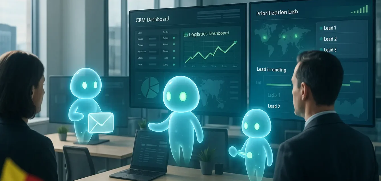 IA agentique Microsoft : automatisation des ventes, du service et de la supply chain Bureau moderne avec agents IA holographiques automatisant CRM et chaîne d'approvisionnement