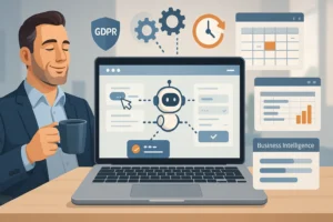 Ordinateur affichant un navigateur agentique automatisant réservations et collecte de données, dirigeant prenant un café — symbole de gain de temps