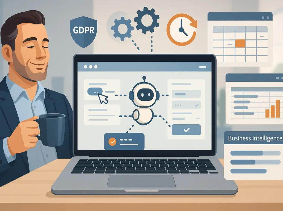 Navigateurs agentiques : l'IA qui navigue et agit à votre place Ordinateur affichant un navigateur agentique automatisant réservations et collecte de données, dirigeant prenant un café — symbole de gain de temps