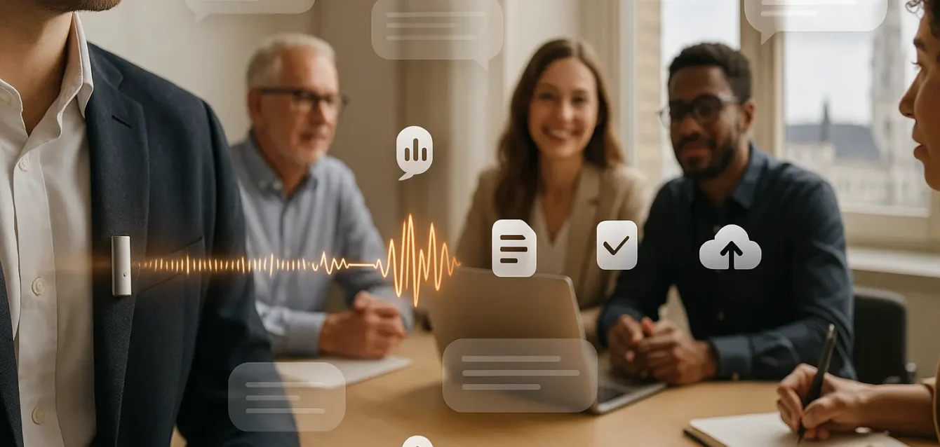 Plaud NotePin S : capture intelligente des réunions, du physique au numérique Plaud NotePin S accroché à une veste lors d'une réunion de bureau, capturant et transformant la conversation en données numériques
