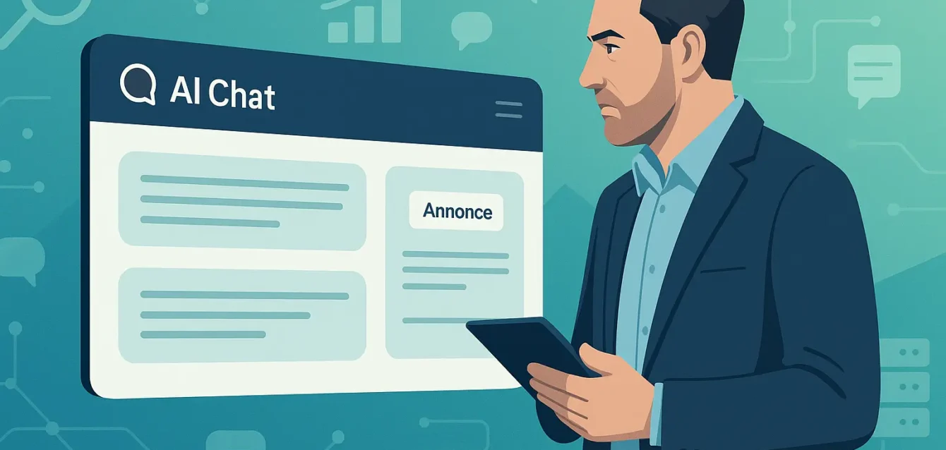 La publicité intégrée dans les réponses d'une IA : quand ChatGPT devient un espace commercial. Interface d'IA affichant une réponse avec une carte marquée «Annonce», dirigeant de PME regardant l'écran