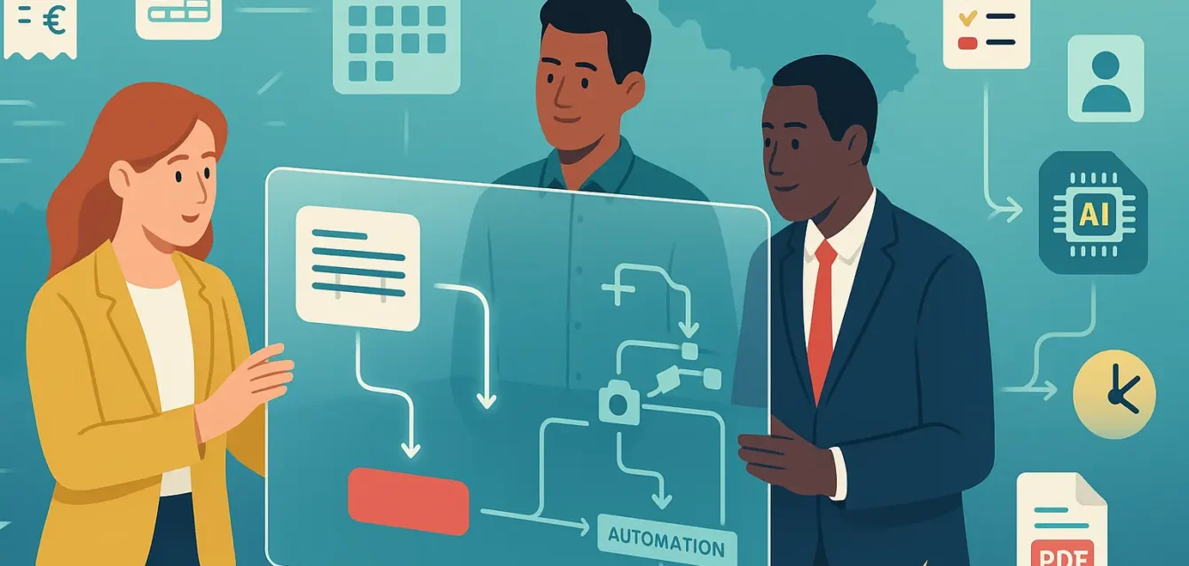 Équipe non-tech assemble des micro‑apps en drag‑and‑drop sur tablette, icônes d'IA et automatisation en arrière‑plan