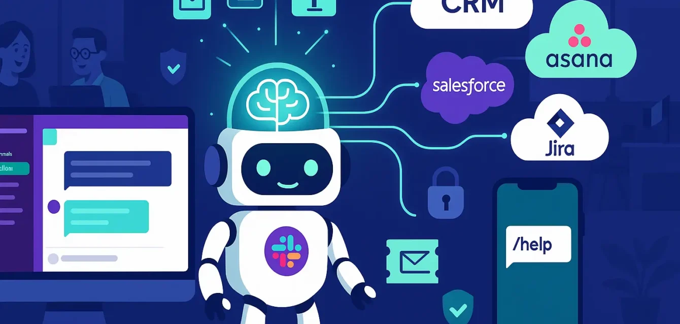 Slackbot devenu agent IA : intégration, actions automatisées et conscience du contexte. Illustration d'un Slackbot transformé en agent IA contextuel connecté au CRM et applications, exécutant des actions automatisées pour une PME.