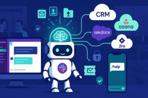 Illustration d'un Slackbot transformé en agent IA contextuel connecté au CRM et applications, exécutant des actions automatisées pour une PME.