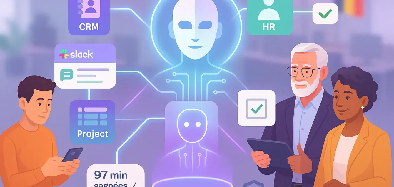 Illustration d’un Slackbot agent IA central connecté à des écrans CRM et outils métiers, aidant des dirigeants belges à automatiser des tâches.