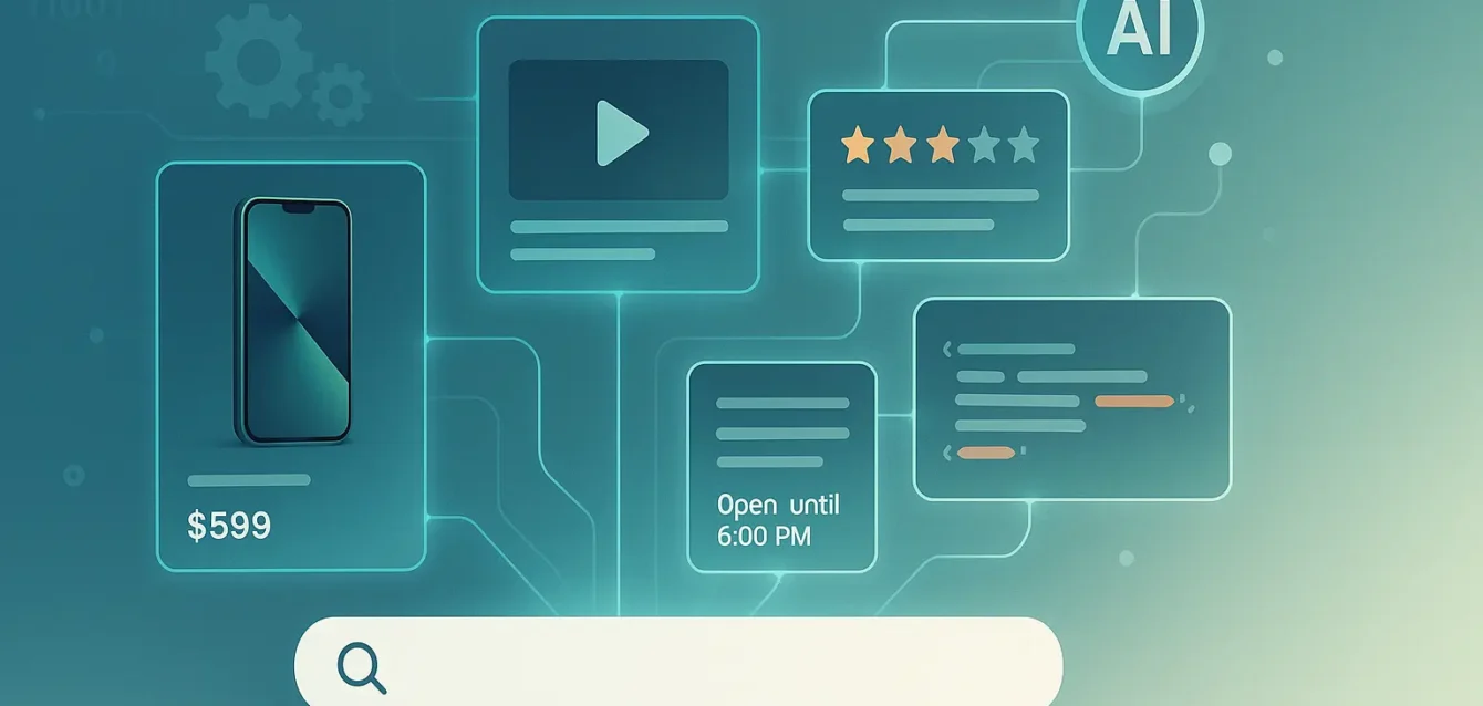 La vue dynamique de Gemini : résultats de recherche synthétisés et visuels Interface de recherche transformée en fiche interactive par une IA symbolisant la vue dynamique de Gemini