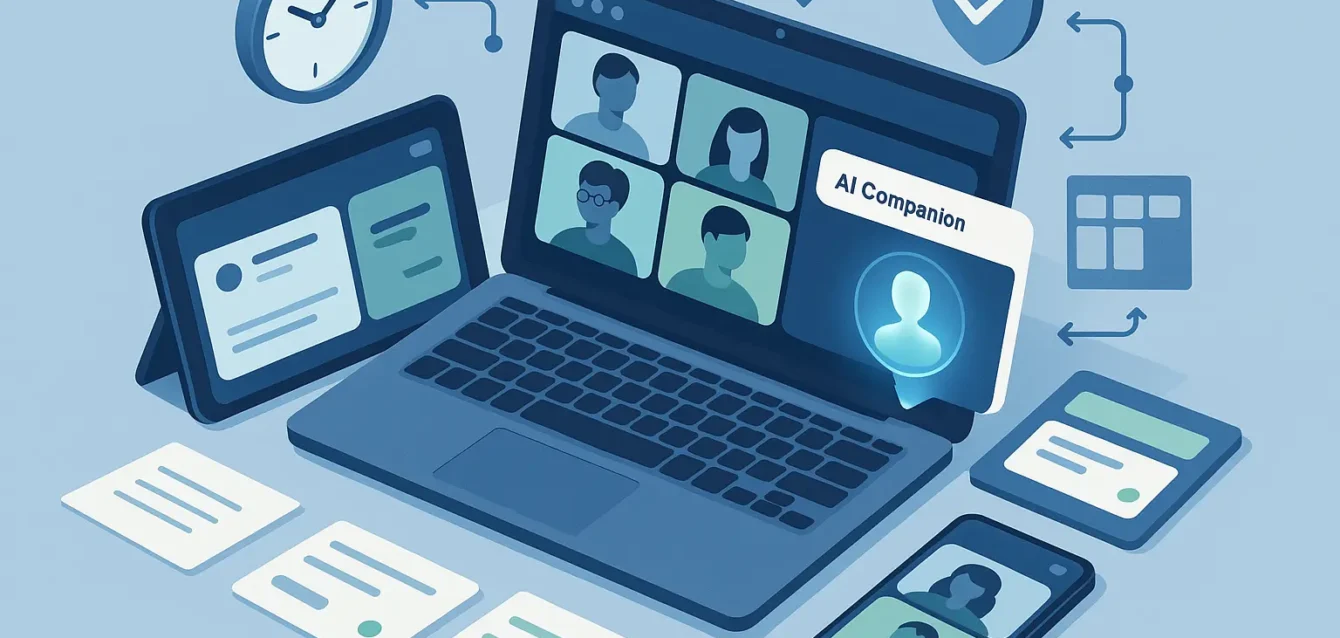 Zoom lance son assistant IA sur le web — productivité, automatisation et accessibilité depuis n'importe quel navigateur Illustration isométrique d'un assistant IA Zoom accessible depuis le navigateur sur ordinateur, tablette et smartphone