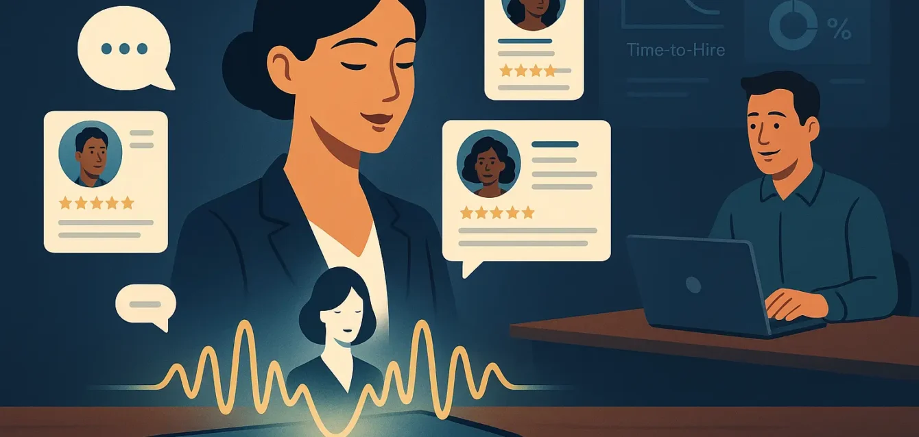 Adèle, IA vocale présélectionnant des candidats par appel, affichant des résumés et scores de pertinence