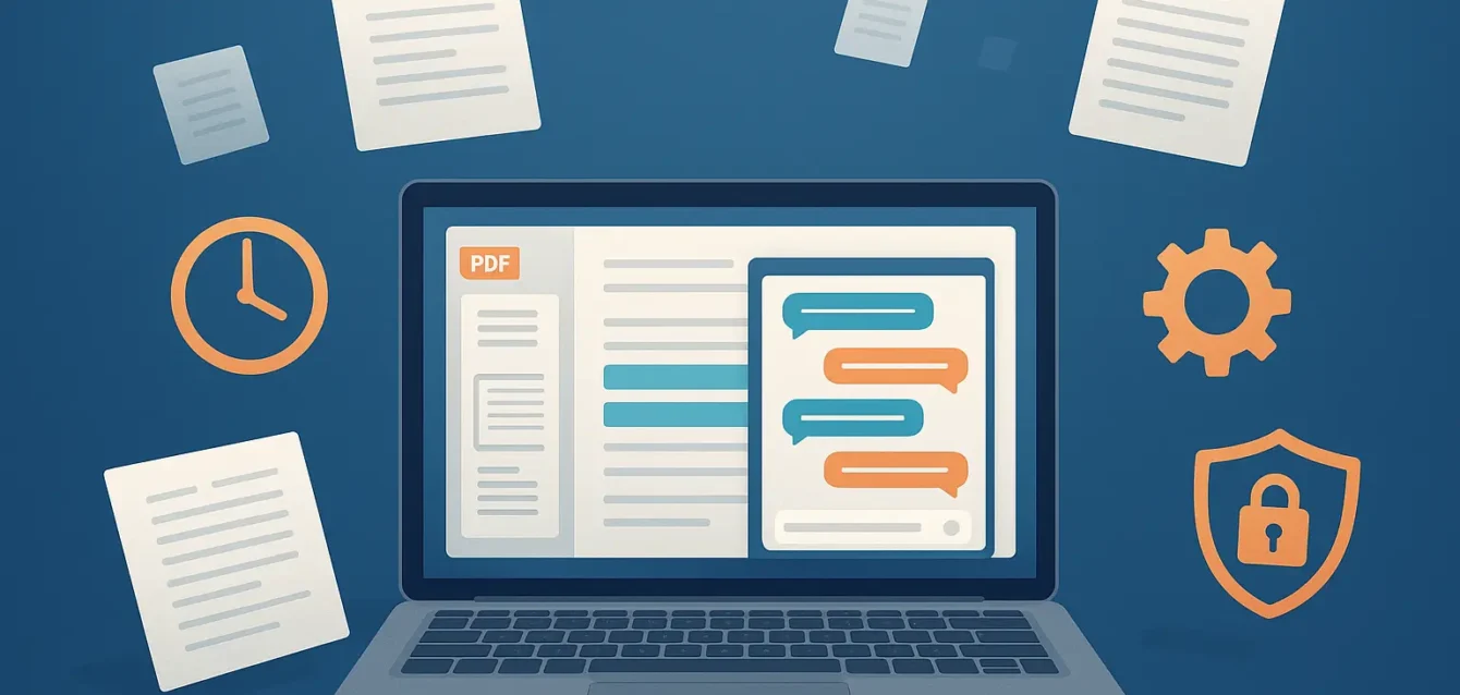 Interface ChatPDF sur un ordinateur portable avec chat et pages PDF flottantes, illustrant l'IA qui rend les PDF interactifs