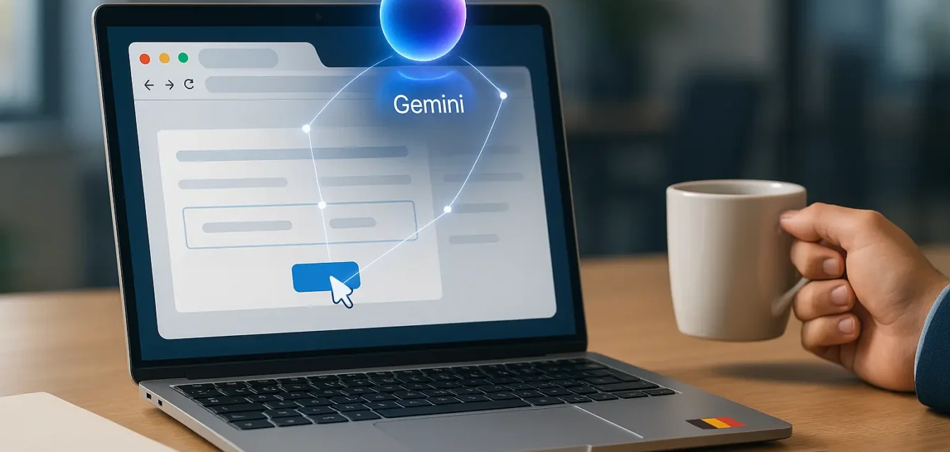 Ordinateur portable avec un assistant IA holographique interagissant avec un navigateur, main humaine tenant un café, sticker belge sur le bureau