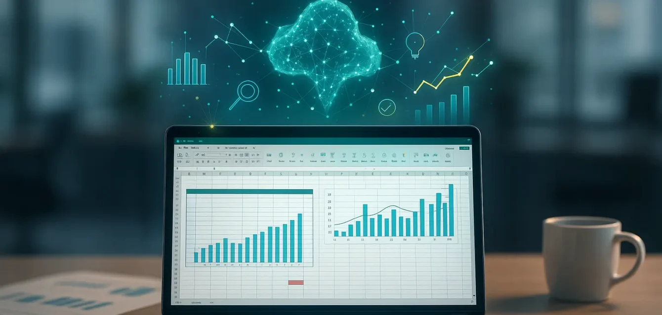 Claude intégré à Excel : l'IA qui transforme vos feuilles de calcul en analyste Ordinateur portable affichant un tableur Excel analysé par une IA holographique nommée Claude