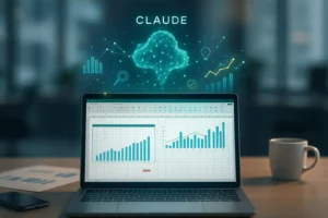 Ordinateur portable affichant un tableur Excel analysé par une IA holographique nommée Claude