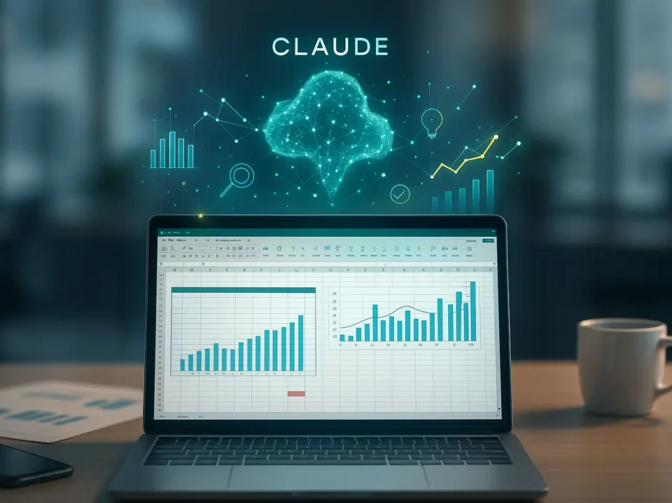 Ordinateur portable affichant un tableur Excel analysé par une IA holographique nommée Claude