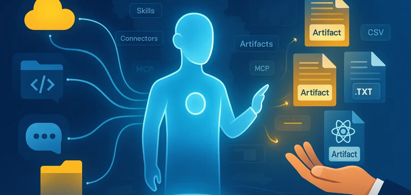 Claude : Skills, connecteurs et création de fichiers désormais accessibles gratuitement. Illustration d'une IA agentique connectée à Drive, GitHub et Slack générant des fichiers téléchargeables (Artifacts).