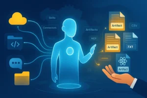 Illustration d'une IA agentique connectée à Drive, GitHub et Slack générant des fichiers téléchargeables (Artifacts).