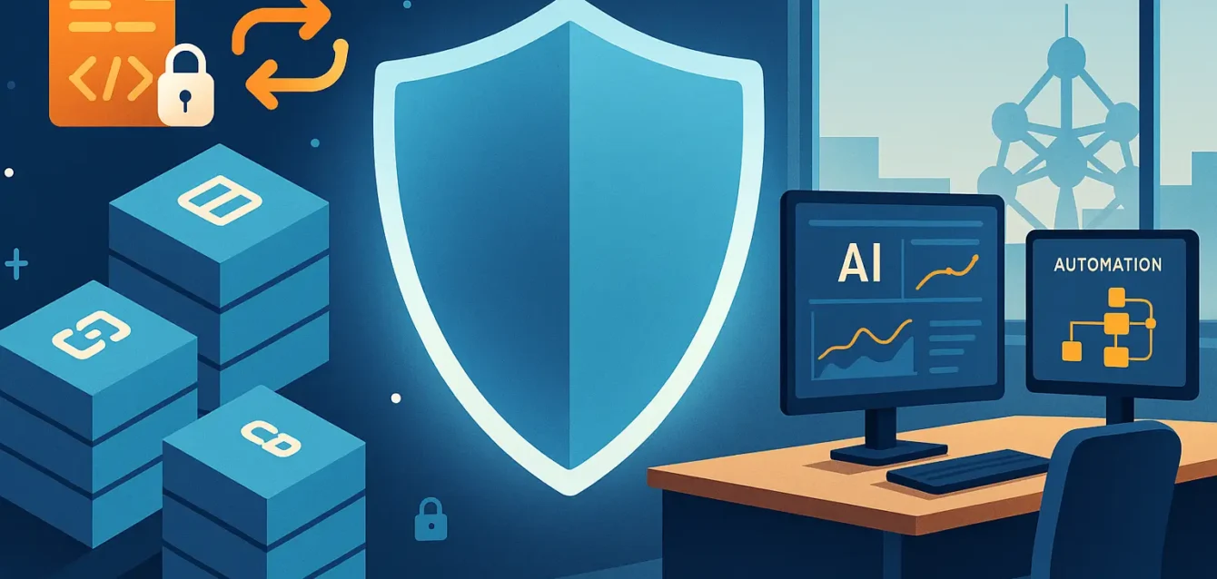 DeFi, IA et automatisation : sécurité et efficacité pour les PME Couverture montrant symboles DeFi et IA autour d’un bouclier de sécurité avec bureaux belges en arrière-plan