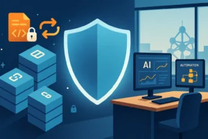 Couverture montrant symboles DeFi et IA autour d’un bouclier de sécurité avec bureaux belges en arrière-plan