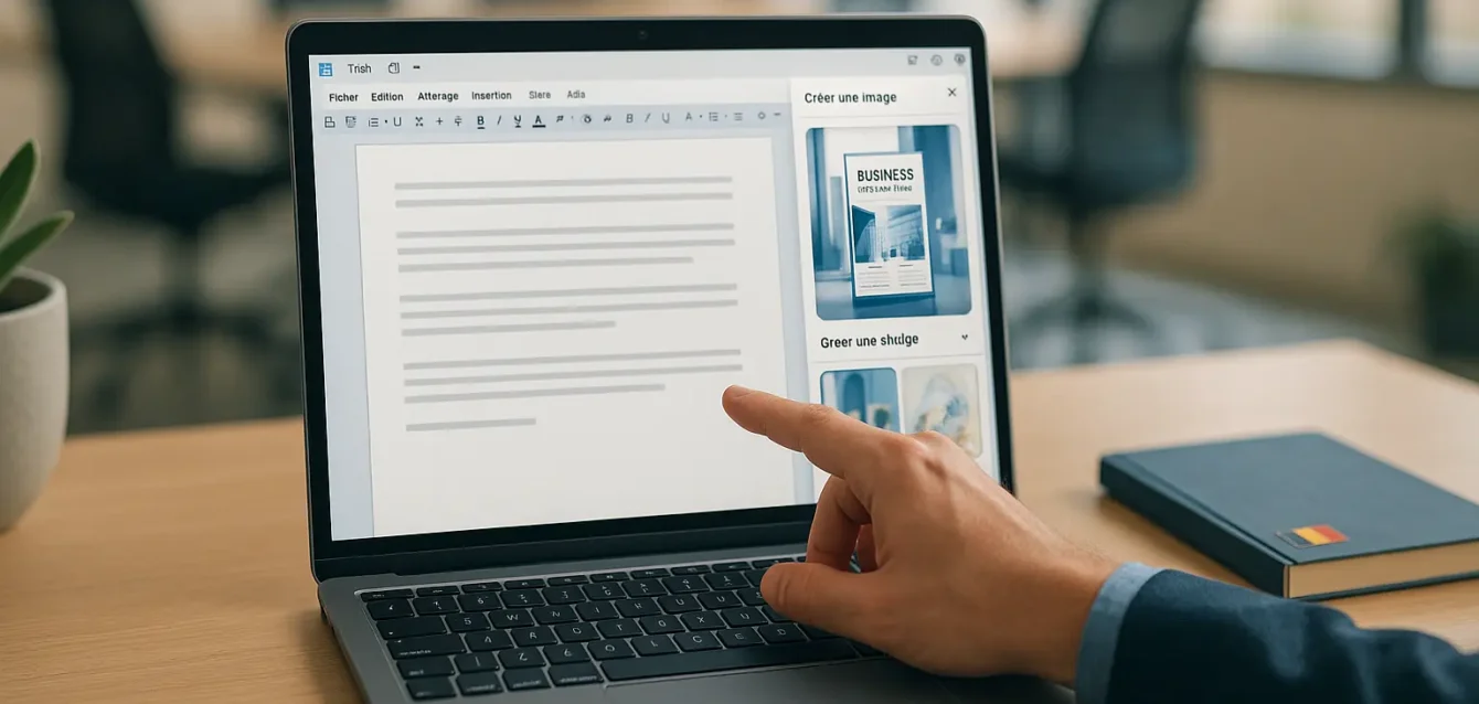 Google Docs intègre Gemini (Imagen 3) pour générer des visuels directement dans vos documents. Écran d'ordinateur affichant Google Docs avec la fonction « Créer une image » de Gemini/Imagen 3