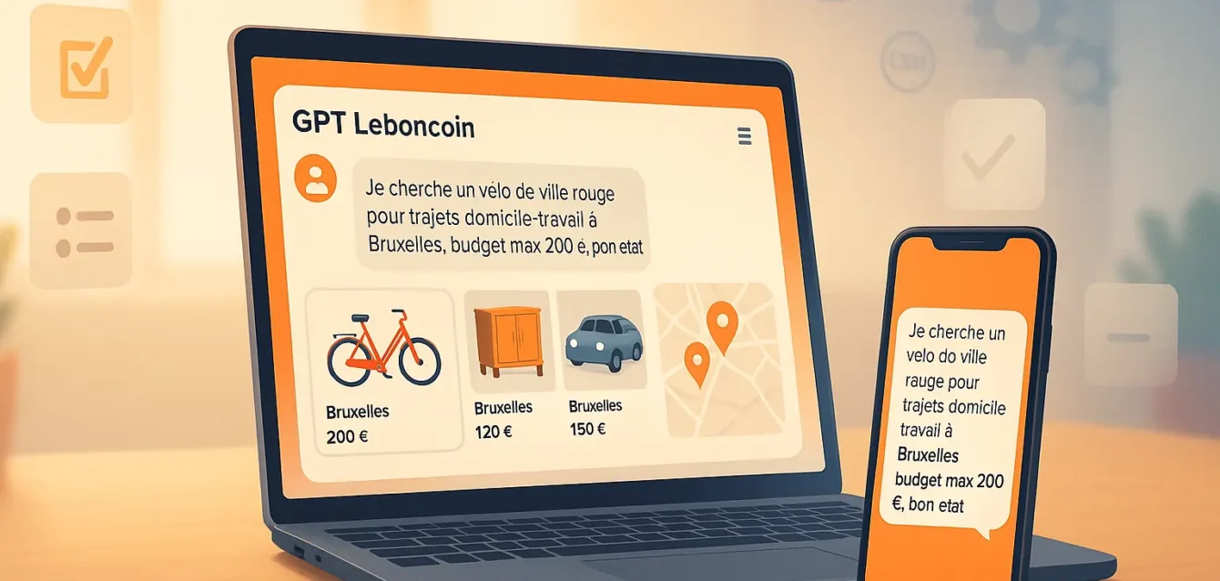 Leboncoin intégré à ChatGPT : la recherche d'annonces devient conversationnelle ChatGPT affichant des annonces Leboncoin et une recherche conversationnelle pour un vélo à Bruxelles