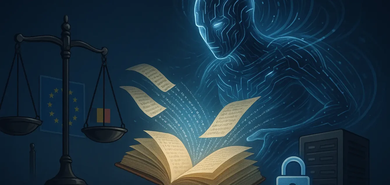 Illustration d'une IA aspirant des livres avec une balance de la justice et symboles européens