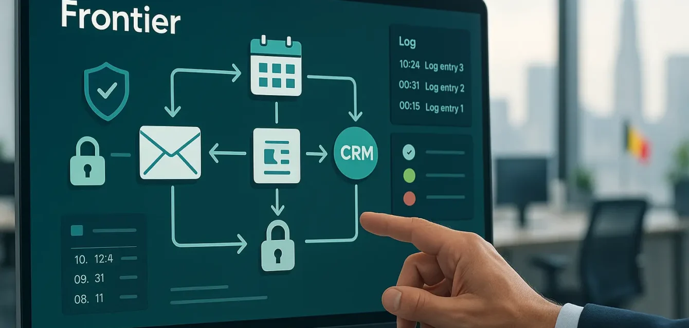 Interface Frontier affichant une console de gestion d’agents IA autonomes pour entreprises, avec icônes d’email, calendrier, factures et bouclier de sécurité.