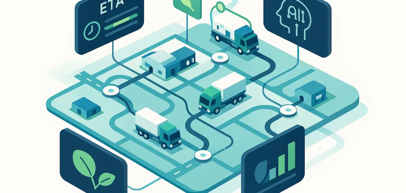 PTV Mira : tour de contrôle digitale pour automatiser les décisions de transport Tour de contrôle numérique isométrique supervisant camions et routes, symbolisant l'automatisation du transport par l'IA