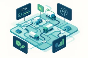 Tour de contrôle numérique isométrique supervisant camions et routes, symbolisant l'automatisation du transport par l'IA