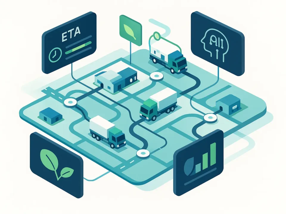 PTV Mira : tour de contrôle digitale pour automatiser les décisions de transport Tour de contrôle numérique isométrique supervisant camions et routes, symbolisant l'automatisation du transport par l'IA