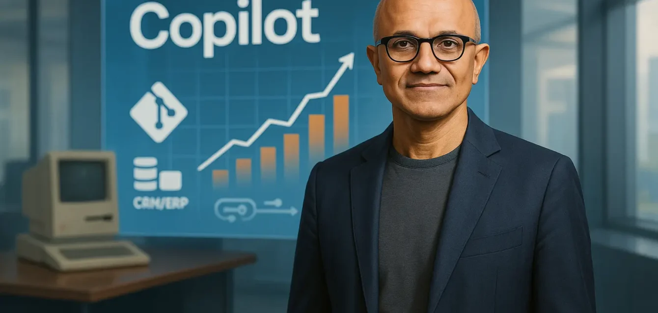 PDG tech inspiré de Satya Nadella devant un écran montrant la croissance d'adoption de Copilot et une silhouette de PC rétro