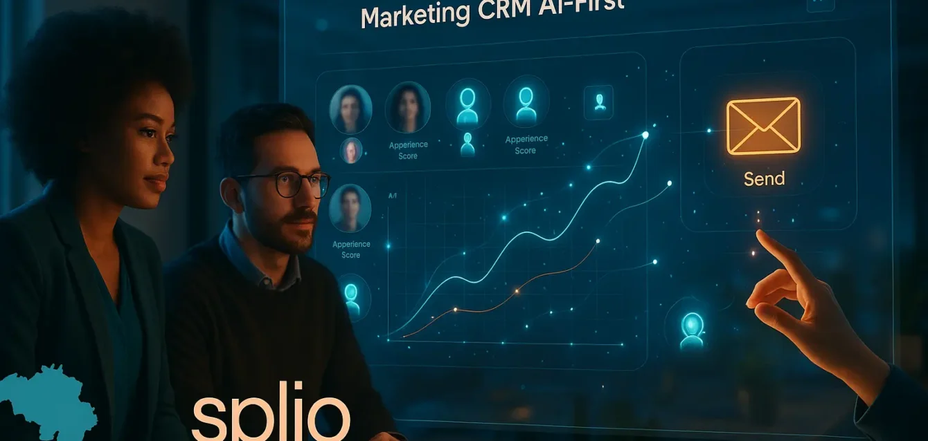 Splio : un CRM AI‑first qui transforme la relation client grâce à la prédiction et aux agents IA. Équipe marketing devant un tableau de bord CRM AI-first avec visualisations prédictives et agents IA, ambiance high-tech chaleureuse.