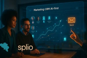 Équipe marketing devant un tableau de bord CRM AI-first avec visualisations prédictives et agents IA, ambiance high-tech chaleureuse.