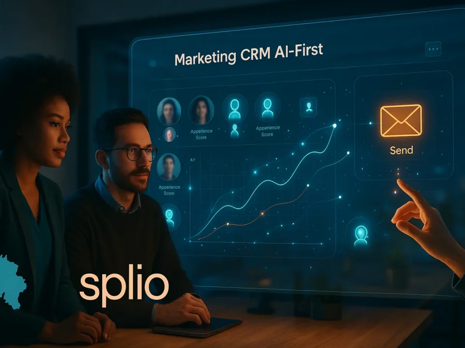 Équipe marketing devant un tableau de bord CRM AI-first avec visualisations prédictives et agents IA, ambiance high-tech chaleureuse.