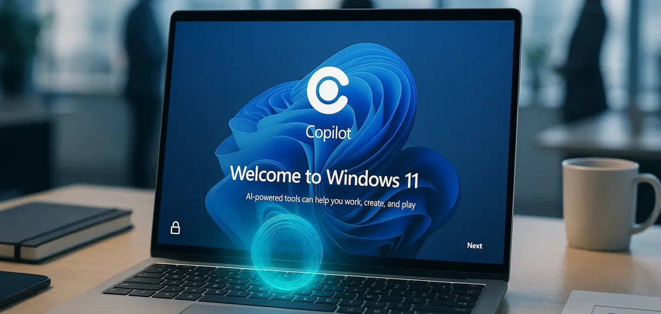 Copilot s'active automatiquement au premier démarrage de Windows 11 — opportunités de productivité et défis de sécurité pour les entreprises. Ordinateur portable Windows 11 montrant Copilot au premier démarrage, hologramme d'IA et bureau d'entreprise flou en arrière-plan